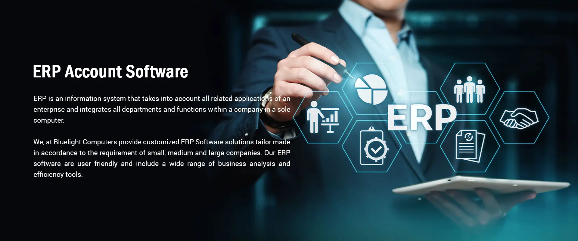 Banner representing ERP accounting software, business management, and IT solutions by Bluelight Computer