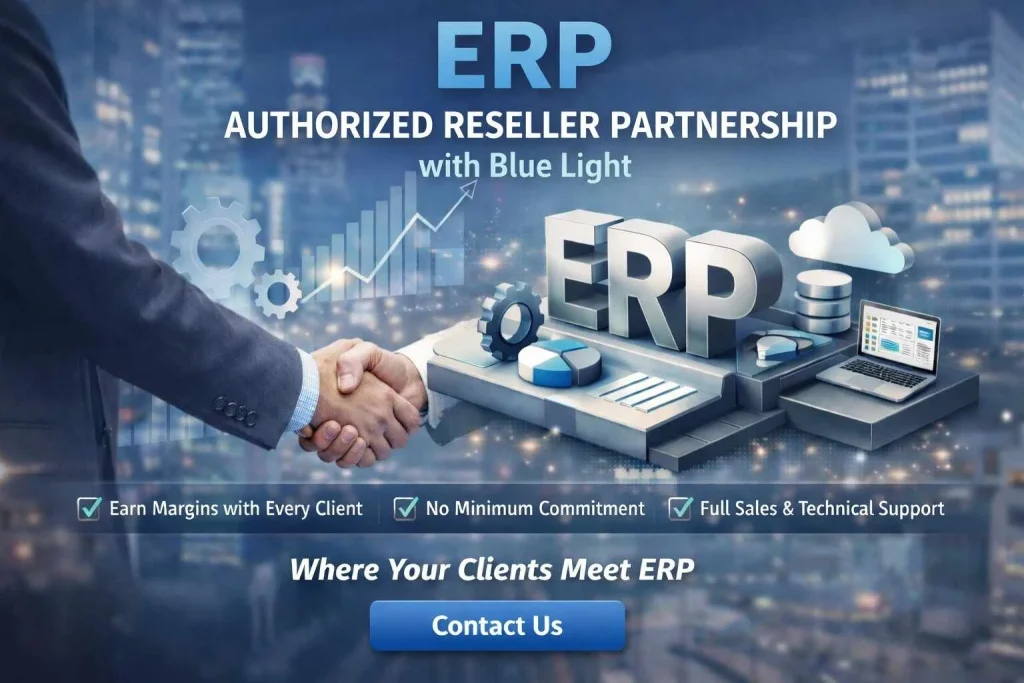 ERP authorized reseller partnership banner showing business professionals collaborating to offer ERP solutions to clients