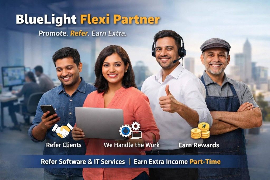 BlueLight Flexi Partner showing individuals referring IT and software services and earning extra income part-time